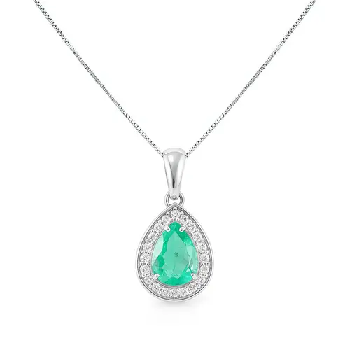 Pingente Gota de Ouro Branco com Corrente, Diamantes e Esmeralda Colombiana de 1,1 Cts.