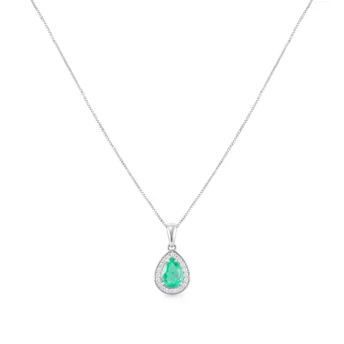 Pingente Gota de Ouro Branco com Corrente, Diamantes e Esmeralda Colombiana de 1,1 Cts.