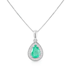 Pingente Gota de Ouro Branco com Corrente, Diamantes e Esmeralda Colombiana de 1,1 Cts.