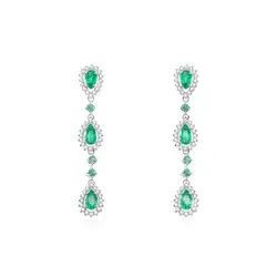 Par de Brincos Pendulo de Ouro Branco com Diamantes e Esmeraldas