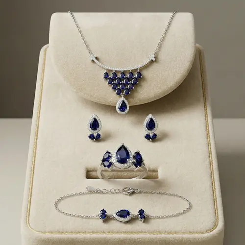 Conjunto Gargantilha, Pulseira, Par de Brincos e Anel de Prata com Cristais e Safiras
