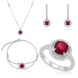 Conjunto Gargantilha, Pulseira, Par de Brincos e Anel de Prata com Cristais e Rubis