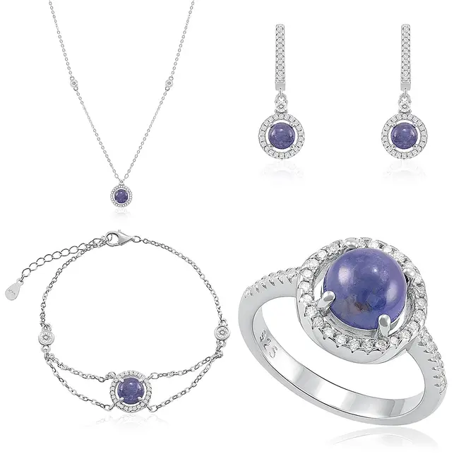 Conjunto Gargantilha, Pulseira, Par de Brincos e Anel de Prata com Cristais e Tanzanitas Cabochon