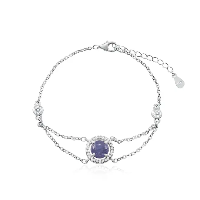 Conjunto Gargantilha, Pulseira, Par de Brincos e Anel de Prata com Cristais e Tanzanitas Cabochon