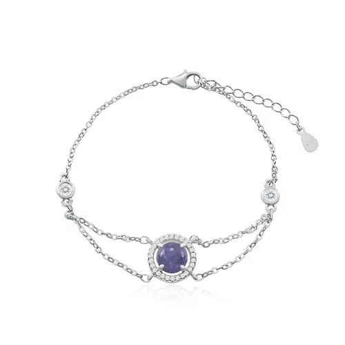 Conjunto Gargantilha, Pulseira, Par de Brincos e Anel de Prata com Cristais e Tanzanitas Cabochon