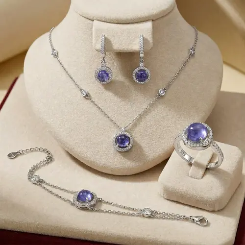 Conjunto Gargantilha, Pulseira, Par de Brincos e Anel de Prata com Cristais e Tanzanitas Cabochon