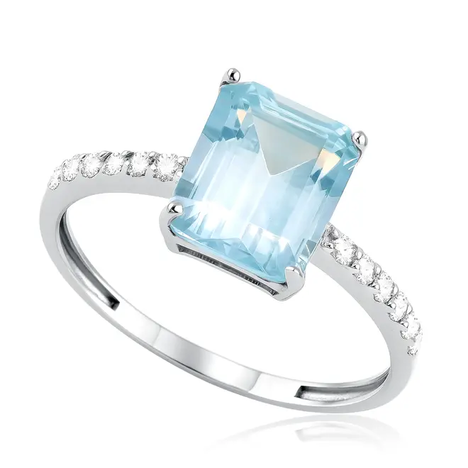 Anel de Prata com Diamantes e Água Marinha de 2,95 Cts.