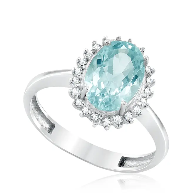 Anel de Prata com Diamantes e Água Marinha de 2,98 Cts.