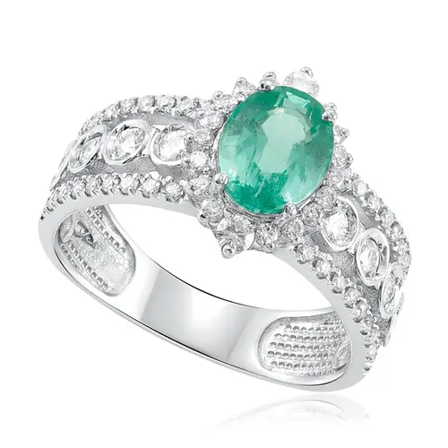 Anel de Prata com Diamantes de Laboratório e Esmeralda Colombiana de 1,20 Cts.