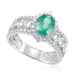 Anel de Prata com Diamantes de Laboratório e Esmeralda Colombiana de 1,20 Cts.