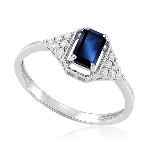 Anel de Ouro Branco com Diamantes e Safira de 75 pts.