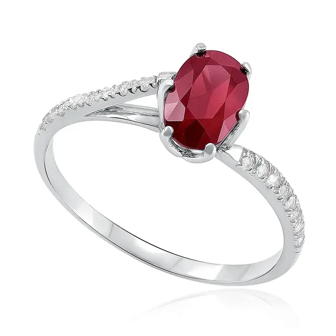 Anel Solitário de Ouro Branco com Diamantes e Rubi de 1,20 Cts.