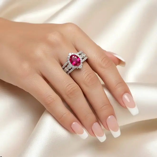 Anel de Prata com Diamantes de Laboratório e Rubi de 1,70 Cts.
