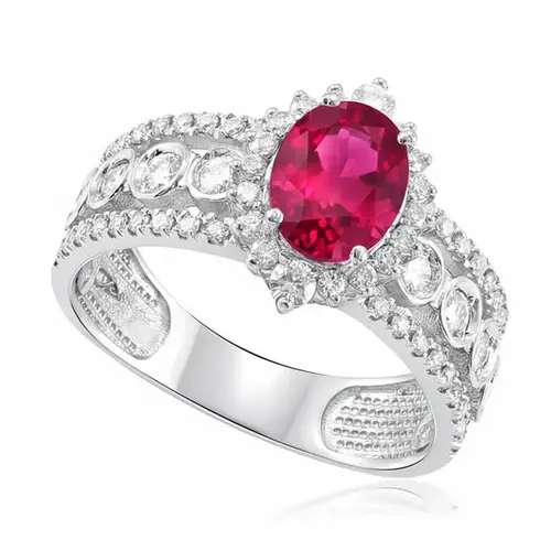 Anel de Prata com Diamantes de Laboratório e Rubi de 1,70 Cts.