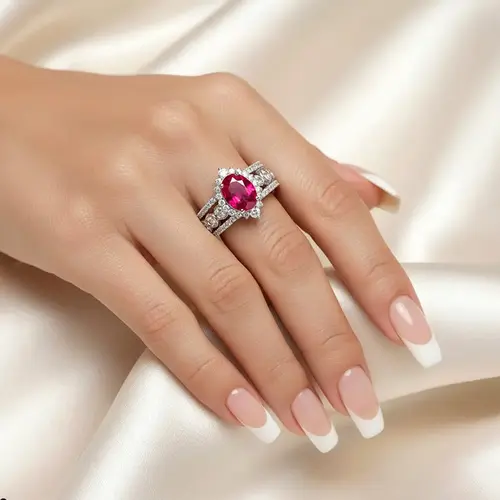 Anel de Prata com Diamantes de Laboratório e Rubi de 1,70 Cts.