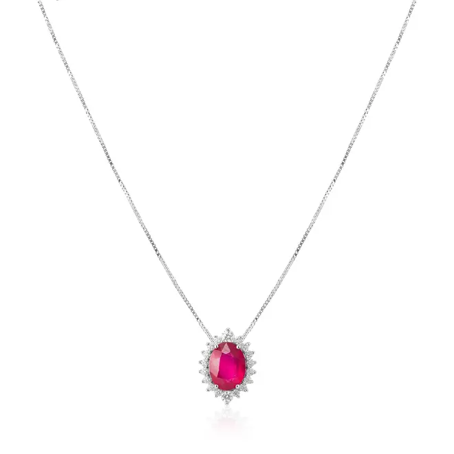 Pingente de Prata com Corrente, Diamantes de Laboratório e Rubi de 1,7 Cts.