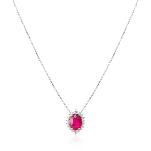 Pingente de Prata com Corrente, Diamantes de Laboratório e Rubi de 1,7 Cts.