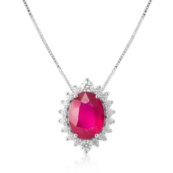Pingente de Prata com Corrente, Diamantes de Laboratório e Rubi de 1,7 Cts.