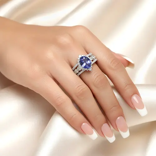 Anel de Prata com Diamantes de Laboratório e Tanzanita de 1,20 Cts.