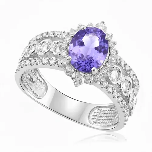 Anel de Prata com Diamantes de Laboratório e Tanzanita de 1,20 Cts.