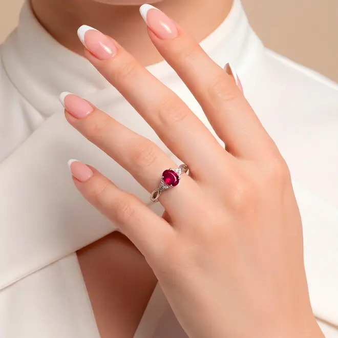 Anel Infinito de Ouro Branco com Diamantes e Rubi de 1,20 Cts.