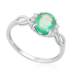 Anel Infinito de Ouro Branco com Diamantes e Esmeralda de 80 pts.