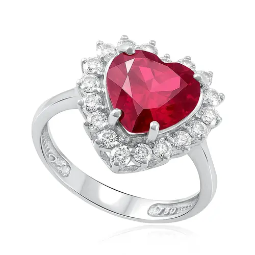 Anel Coração de Ouro Branco com Diamantes e Rubi de 4,30 Cts.