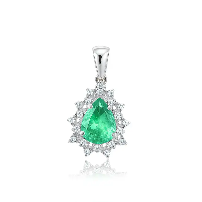 Pingente de Ouro Branco com Diamantes e Esmeralda de 95 pts.