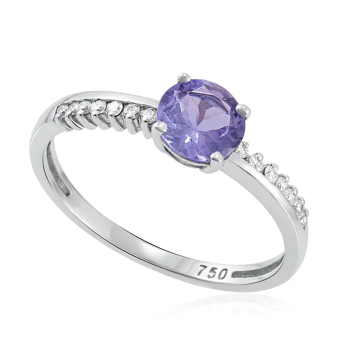 Anel de Tanzanita com 75 Pts com diamantes no aro, ouro branco