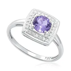 Anel Quadrado de Ouro Branco com Diamantes e Tazanita de 75 pts.