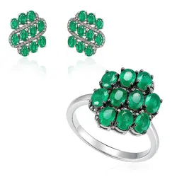Conjunto de Anel e Par de Brincos de Prata com 94 pts em Diamantes e 30 Esmeraldas, com Acabamento em Ródio
