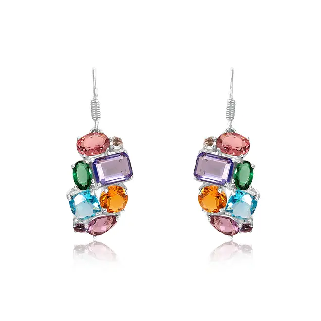 Conjunto Par de Brincos, Pingente e Anel de Prata com Cristais Coloridos