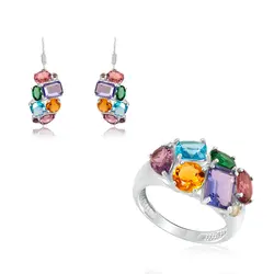 Conjunto Par de Brincos, Pingente e Anel de Prata com Cristais Coloridos