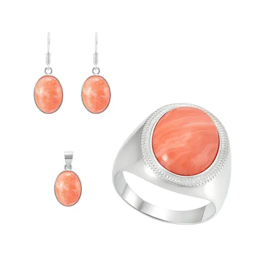 Conjunto Par de Brincos, Pingente e Anel de Prata com Diamantes e Coral Pele de Anjo Cabochon