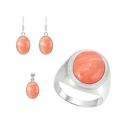 Conjunto Par de Brincos, Pingente e Anel de Prata com Diamantes e Coral Pele de Anjo Cabochon