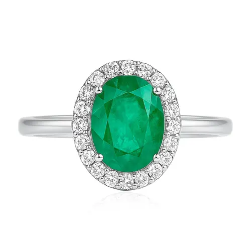 Anel de Ouro Branco com Diamantes e Esmeralda de 1,90 Cts.