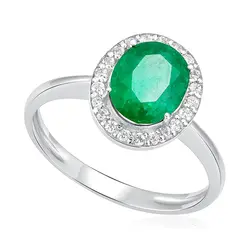 Anel de Ouro Branco com Diamantes e Esmeralda de 1,90 Cts.