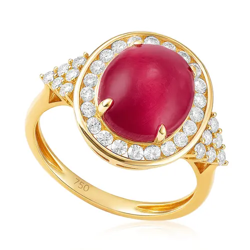 Anel de Ouro Amarelo com Diamantes e Rubi Cabochon de 4,89 Cts.