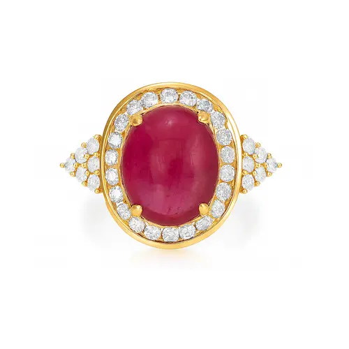 Anel de Ouro Amarelo com Diamantes e Rubi Cabochon de 4,89 Cts.