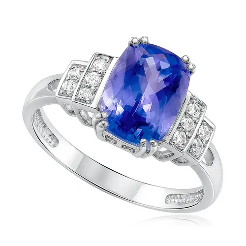 Anel de Ouro Branco com Diamantes e Tanzanita de 2,30 Cts.