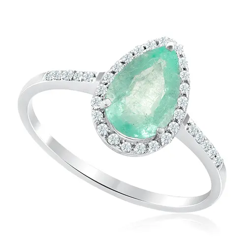 Anel De Ouro Branco com Diamantes e Esmeralda Colombiana de 1,12 Cts.
