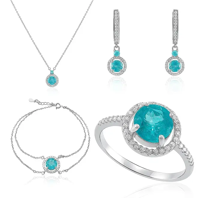 Conjunto Gargantilha, Pulseira, Par de Brincos e Anel de Prata com Cristais e Apatitas