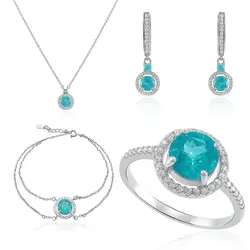 Conjunto Gargantilha, Pulseira, Par de Brincos e Anel de Prata com Cristais e Apatitas