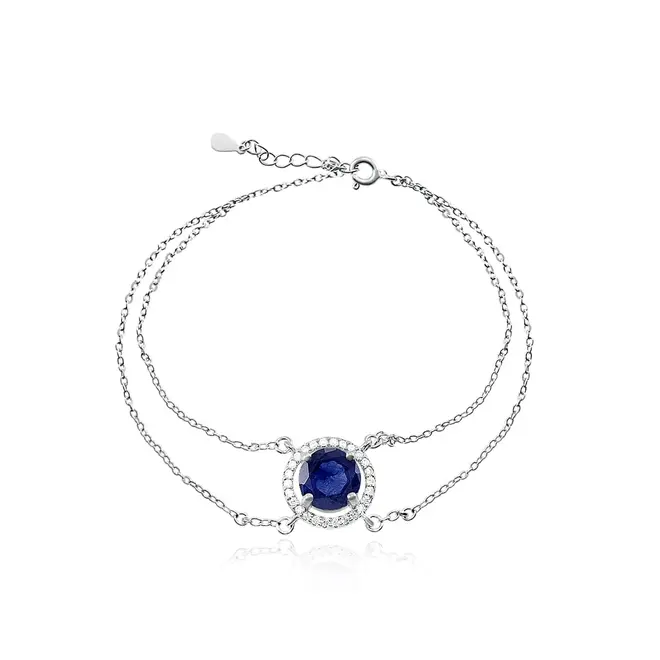 Conjunto Gargantilha, Pulseira, Par de Brincos e Anel de Prata com Cristais e Safiras