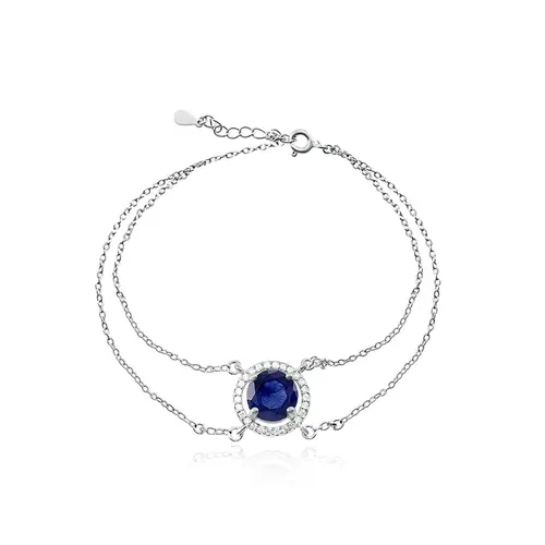 Conjunto Gargantilha, Pulseira, Par de Brincos e Anel de Prata com Cristais e Safiras