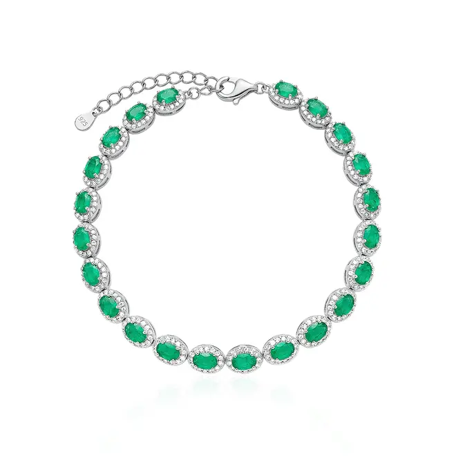 Pulseira de Prata com Cristais e Esmeraldas, com Acabamento em Ródio