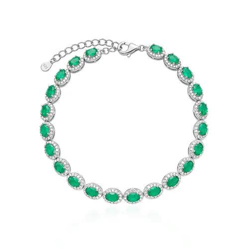 Pulseira de Prata com Cristais e Esmeraldas, com Acabamento em Ródio