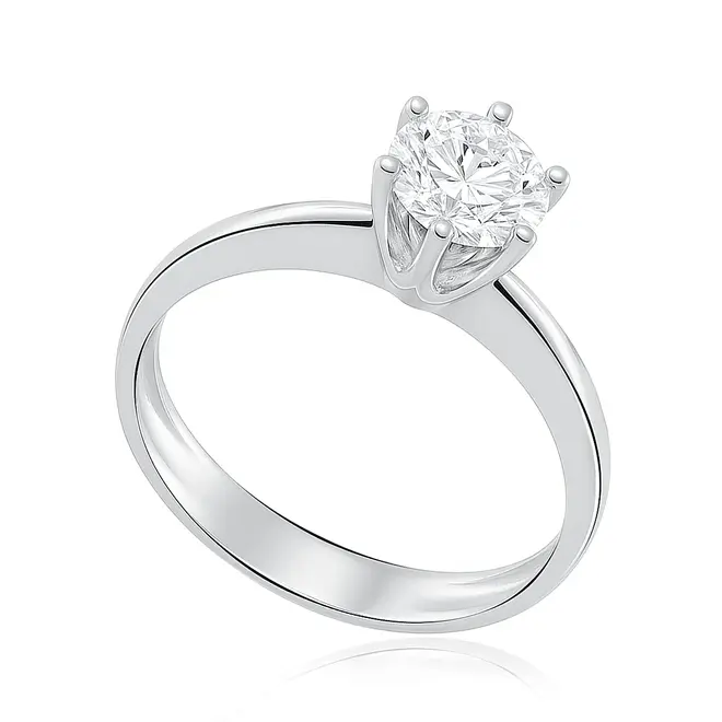 Anel Solitário Modelo 6 Garras de Ouro Branco com Diamante de 1,01 Cts.