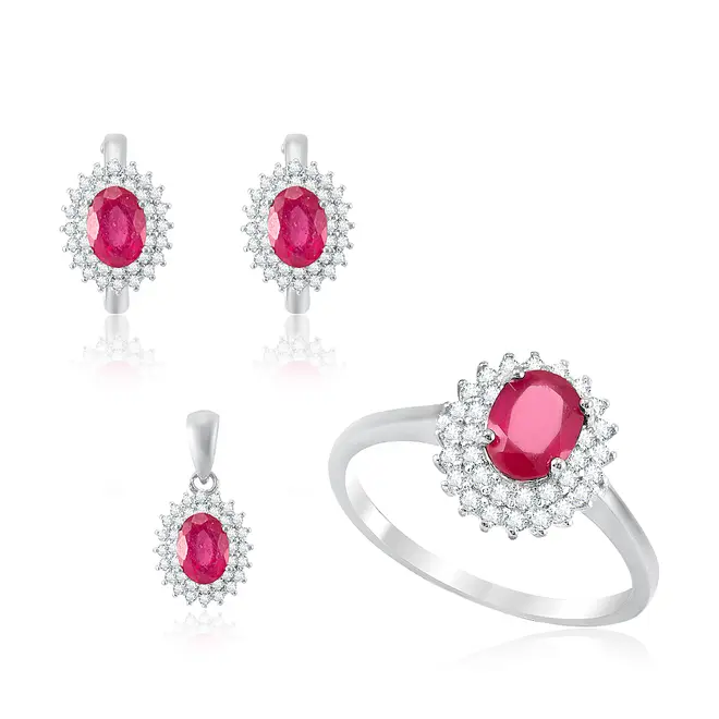 Conjunto Par de Brincos, Pingente e Anel de Prata com Cristais e Rubis