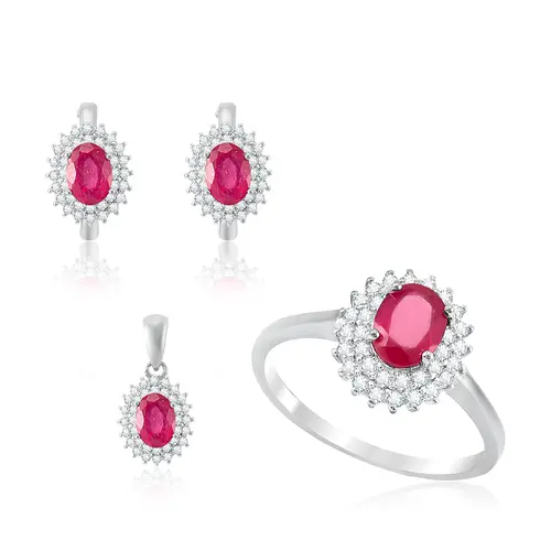 Conjunto Par de Brincos, Pingente e Anel de Prata com Cristais e Rubis